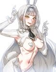  1girl animal_ears armpits ascot black_ascot blanc_(nikke) bow_(bhp) breasts chinese_commentary commentary_request fang gloves goddess_of_victory:_nikke grey_hair hands_up heart_pasties long_hair looking_at_viewer medium_breasts meme_attire navel open_mouth pasties rabbit_ears rabbit_tail reverse_bunnysuit reverse_outfit simple_background skin_fang solo stomach tail very_long_hair white_background white_gloves yellow_eyes 