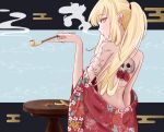  1girl absurdres arm_tattoo back_tattoo bakemonogatari bare_back blonde_hair commentary_request convenient_arm floral_print from_behind hand_up highres holding holding_smoking_pipe japanese_clothes kimono kiseru kiss-shot_acerola-orion_heart-under-blade long_hair looking_at_viewer looking_back monogatari_(series) oshino_shinobu parted_lips ponytail red_kimono runyo_(yale12312) smoke smoking_pipe solo table tattoo upper_body yellow_eyes 