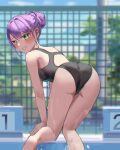  1girl all_fours black_one-piece_swimsuit breasts competition_swimsuit fence gin_e12 green_eyes hair_bun highres hololive long_hair looking_back medium_breasts one-piece_swimsuit parted_lips purple_hair smile solo starting_block swimsuit tokoyami_towa virtual_youtuber 