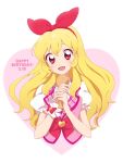  1girl :d aikatsu! aikatsu!_(series) blonde_hair bow commentary_request hair_bow hairband happy_birthday holding holding_spoon hoshimiya_ichigo kumahubuki long_hair looking_at_viewer open_mouth pink_vest puffy_short_sleeves puffy_sleeves red_bow red_eyes red_hairband shirt short_sleeves smile solo spoon upper_body vest white_shirt wooden_spoon wrist_cuffs 