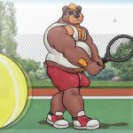  alanottaviano anthro ball barazoku bear belly brown_bear brown_body brown_fur bulge clothing extracurricular_activities fur grizzly_bear harold_grifter hi_res male mammal musclegut muscular muscular_male overweight overweight_male solo tennis_ball tennis_court tennis_racket ursine 