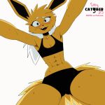  2d_animation abs animated anthro biped blush bodily_fluids clothed clothing eeveelution feliscede female fur generation_1_pokemon jolteon nintendo open_mouth pokemon pokemon_(species) simple_background solo sweat white_background yellow_body yellow_fur 
