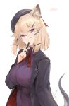  :d animal_ear_fluff animal_ears arknights black_jacket blonde_hair breasts glasses hair_ornament hairclip heart highres holding holding_pen io_(io_oekaki) jacket large_breasts long_sleeves looking_at_viewer neck_ribbon official_alternate_costume open_clothes open_jacket parted_lips pen pen_to_mouth purple_eyes red_ribbon ribbon rimless_eyewear school_uniform short_hair simple_background smile tilted_headwear upper_body utage_(arknights) utage_(disguise)_(arknights) white_background 