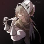 1girl absurdres arknights black_background closed_eyes commentary english_commentary fartooth_(arknights) flute gauntlets grey_hair highres instrument kaminarichyan playing_flute solo visor_(armor) 