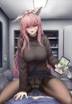  1boy 2girls absurdres anger_vein angry animal_ears belt black_sweater bookshelf breasts cheating_(relationship) de_lacey_(neural_cloud) enin evil_smile girls&#039;_frontline girls&#039;_frontline_neural_cloud green_hair grinding hetero highres holding holding_phone indoors long_hair long_sleeves male_professor_(neural_cloud) medium_breasts multiple_girls panties panties_under_pantyhose pantyhose persicaria_(neural_cloud) phone pink_eyes pink_hair pov professor_(neural_cloud) shaded_face smile straddling sweater thermostat underwear upskirt white_panties 