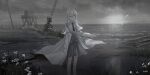  1girl absurdres black_necktie blue_eyes building chihuri closed_mouth collared_shirt commentary_request ende_(chihuri) feet_out_of_frame flower grey_hair grey_skirt grey_vest hair_between_eyes highres horizon jacket long_hair long_sleeves necktie ocean open_clothes open_jacket original petals power_lines puffy_long_sleeves puffy_sleeves shirt skirt smile solo standing utility_pole vest water white_flower white_jacket white_shirt window 