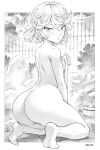  1girl ass bare_shoulders barefoot blush breasts bucket covering curly_hair feet highres huge_ass kneeling looking_at_viewer mogudan monochrome naked_towel nude_cover one-punch_man onsen parted_lips short_hair small_breasts solo tatsumaki thighs towel 