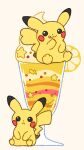  :&lt; :3 animal_focus black_eyes blush_stickers closed_mouth commentary_request cream cup dessert drinking_glass flat_color food food_focus fruit full_body hand_to_own_mouth hand_up happy highres ice_cream lemon lemon_slice licking_lips muguet no_humans parfait pikachu pokemon pokemon_(creature) simple_background sitting smile star_(symbol) tongue tongue_out yellow_background 