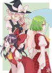  3girls :d absurdres ascot bare_shoulders bent_over black_vest blonde_hair bow braid breasts brown_eyes brown_hair commentary_request detached_sleeves double-parted_bangs frilled_bow frilled_hair_tubes frilled_hat frills from_side grey_background hair_ribbon hair_tubes hakurei_reimu hat hat_bow highres holding holding_umbrella juliet_sleeves kazami_yuuka kirisame_marisa long_hair long_sleeves looking_at_viewer medium_breasts multiple_girls open_mouth plaid plaid_skirt plaid_vest profile puffy_short_sleeves puffy_sleeves red_bow red_eyes red_skirt red_vest ribbon short_sleeves sidelocks sideways_glance sideways_mouth simple_background single_braid skirt skirt_set smile tohoyuukarin touhou tress_ribbon turtleneck umbrella very_long_hair vest white_bow wing_collar witch_hat yellow_ascot 