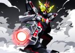  armor armored_boots armored_gloves bodysuit boots cellphone faiz_armor flip_phone gloves glowing glowing_eyes highres kamen_rider kamen_rider_555 kamen_rider_geiz kamen_rider_zi-o_(series) katakana landing neon_trim otokamu phone red_bodysuit shoulder_armor smoke squatting yellow_eyes yellow_gloves 