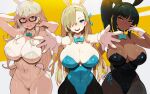  3girls akane_(blue_archive) akane_(bunny)_(blue_archive) animal_ears aqua_leotard asuna_(blue_archive) asuna_(bunny)_(blue_archive) asymmetrical_bangs black_hair black_leotard black_pantyhose blonde_hair blue_archive blue_bow blue_bowtie blue_eyes blue_leotard bow bowtie breasts brown_eyes cleavage covered_navel dark-skinned_female dark_skin detached_collar fake_animal_ears fake_tail glasses gloves hair_over_one_eye hibaneim highres karin_(blue_archive) karin_(bunny)_(blue_archive) large_breasts leotard light_brown_hair long_hair looking_at_viewer mole mole_on_breast multiple_girls official_alternate_costume outstretched_arms pantyhose playboy_bunny rabbit_ears rabbit_tail strapless strapless_leotard tail traditional_bowtie white_gloves white_leotard yellow_eyes 