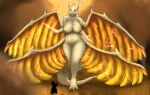  4_wings absurd_res ancient_dragon_lansseax anthro bandai_namco big_breasts breasts dragon electricity female fromsoftware hi_res horn knight larger_female lightning multi_wing size_difference solo spread_wings thick_thighs voirath warrior white_body wings 