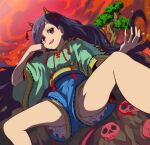  black_hair bloomers blue_shorts bonsai green_shirt hand_on_own_face hand_up highres horns japanese_clothes long_hair nippaku_zanmu oni_horns pants red_eyes red_ribbon red_sky ribbon rock shirt short_sleeves shorts sitting skull sky smile solo spread_legs syope thighs throne touhou underwear unfinished_dream_of_all_living_ghost upshorts very_long_hair white_bloomers yellow_horns 