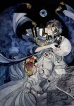  1boy 1other astronaut black_background black_hair blue_eyes earth_(planet) floating hair_between_eyes hair_ornament heart helmet highres japanese_clothes looking_at_another male_focus mikazuki_munechika moon morimorihonmaru painting_(medium) planet short_hair smile space space_helmet spacesuit tassel tassel_hair_ornament touken_ranbu traditional_media watercolor_(medium) 