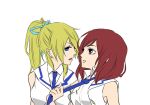  2girls ayase_eli blonde_hair blue_eyes blue_necktie breasts commentary_request eye_contact kashikaze long_hair looking_at_another love_live! love_live!_school_idol_project medium_breasts medium_hair multiple_girls necktie necktie_grab neckwear_grab nishikino_maki open_mouth parted_lips ponytail purple_eyes red_hair sailor_collar shirt simple_background sleeveless sleeveless_shirt teeth upper_body upper_teeth_only white_background white_sailor_collar white_shirt yuri 