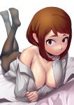  1girl bed black_pantyhose boku_no_hero_academia breasts brown_eyes brown_hair collared_shirt crossed_arms feet_up highres large_breasts looking_at_viewer lying max_(maxlikeapicture) naked_shirt nipples on_stomach open_clothes open_shirt pantyhose pillow shirt short_hair sidelocks solo uraraka_ochako white_background white_shirt 
