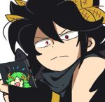  1boy black_hair black_scarf boku_no_hero_academia cellphone character_print dark_pit holding holding_phone homriette kid_icarus kid_icarus_uprising laurel_crown lowres male_focus palutena phone red_eyes scarf scene_reference upper_body v-shaped_eyebrows vambraces 