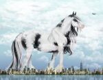  aircraft airliner airplane ambiguous_gender apartment_building building city cloud equid equine equine_tail feathering feral fihell fur gypsy_horse horse irish_cob long_mane long_tail macro mammal pink_snout sea seaside skyscraper solo spots spotted_body spotted_fur tail water 