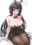 1girl absurdres animal_ears b1ack_illust black_hair black_leotard breasts brown_eyes commentary_request covered_navel detached_collar fake_animal_ears highres idolmaster idolmaster_million_live! idolmaster_million_live!_theater_days kitakami_reika large_breasts leotard long_hair looking_at_viewer pantyhose playboy_bunny rabbit_ears seiza sitting solo strapless strapless_leotard twintails wrist_cuffs 