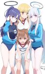  4girls absurdres adjusting_hair black_shirt blonde_hair blue_archive blue_buruma blue_jacket breast_rest breasts breasts_on_head brown_eyes brown_hair buruma commentary_request dated grey_hair gym_shirt gym_shorts gym_uniform hair_behind_ear hair_ornament hairpin halo hand_on_another&#039;s_shoulder hands_on_own_thighs highres id_card jacket jacket_partially_removed kippei large_breasts leaning_forward long_hair looking_at_viewer medium_hair misaka_mikoto multiple_girls no_emblem noa_(blue_archive) official_alternate_costume partially_unzipped ponytail purple_eyes purple_hair red_trim shaded_face shirt shokuhou_misaki short_shorts shorts signature sleeveless sleeveless_shirt smile sparkling_eyes standing toaru_kagaku_no_railgun toaru_majutsu_no_index tokiwadai_school_gym_uniform track_jacket very_long_hair white_shirt white_shorts yuuka_(blue_archive) yuuka_(track)_(blue_archive) 