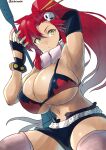  1girl arm_behind_head armpits bikini bikini_top_only breasts chikoinochi cleavage fingerless_gloves gloves gun highres huge_breasts legs long_hair midriff navel pink_thighhighs ponytail red_hair rifle scarf shorts sitting sniper_rifle solo spread_legs swimsuit tengen_toppa_gurren_lagann thighhighs thighs weapon yoko_littner 