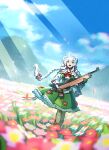  1girl 43m_(girls&#039;_frontline) absurdres braid commission commissioner_upload danuvia_43m dress field flower flower_field girls&#039;_frontline green_dress green_eyes highres hungarian_clothes hungarian_flag iganashi1 light_rays long_braid mountainous_horizon skeb_commission smile sunbeam sunlight white_hair 