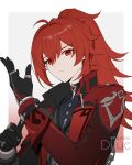  1boy black_gloves character_name closed_mouth coat diluc_(genshin_impact) diluc_(red_dead_of_night)_(genshin_impact) genshin_impact gloves hair_between_eyes highres long_hair long_sleeves looking_at_viewer male_focus ponytail red_coat red_eyes red_hair rj_(lingshih10) simple_background solo upper_body 