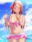  1girl ;) bikini bikini_pull bikini_skirt bikini_tan bikini_top_pull blue_sky breasts brown_hair closed_mouth clothes_pull cloud collarbone commentary_request cowboy_shot day flower hair_flower hair_ornament hibiscus highres lens_flare long_hair looking_at_viewer love_live! love_live!_sunshine!! medium_breasts mobukichi nipples one_breast_out one_eye_closed outdoors pink_bikini pulled_by_self red_flower sakurauchi_riko sky smile solo standing straight_hair strap_pull summer sunlight swimsuit tan tanlines variant_set very_long_hair yellow_eyes 