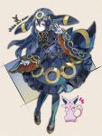  1girl blue_hair breasts commentary dress earrings english_text espeon highres humanization jewelry kantarou_(8kan) long_hair looking_at_viewer medium_breasts multiple_tails pokemon pokemon_(creature) red_eyes symbol-only_commentary tail two_tails umbreon v 