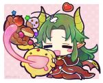  1boy apple basket berry blush_stickers border carbuncle_(puyopuyo) chibi closed_eyes coat doradorakingyo drooling food forehead_jewel fruit grey_hair heart-shaped_cookie horns kneeling long_hair mouth_drool open_mouth pants pie pie_slice pointy_ears puyopuyo red_coat red_horns red_pants satan_(puyopuyo) white_border yellow_horns 