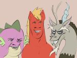  2023 antlers beard big_macintosh_(mlp) blonde_hair blonde_mane brown_body chimera digital_media_(artwork) discord_(mlp) draconequus dragon ear_fins earth_pony equid equine eyebrows facial_hair fangs feral fin friendship_is_magic fugaamr green_body grey_body grey_hair grey_mane grin group hair hasbro horn horse humor male mammal mane me_and_the_boys meme my_little_pony pony purple_body red_body sharp_teeth simple_background smile spike_(mlp) spikes teeth trio 