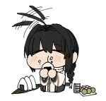  1other ahoge black_hair braid chibi closed_eyes cup dango eating fate/samurai_remnant fate_(series) food hair_intakes holding holding_food kongnan_147 long_braid onigiri puffy_cheeks saber_(fate/samurai_remnant) shirt sidelocks single_braid solo teacup wagashi white_background white_shirt 