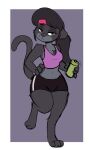  2019 3_toes 4_fingers :&lt; accessory anthro biped black_body black_bottomwear black_clothing black_ears black_fur black_hair black_pupils black_shorts black_tail black_tuft border bottle bottomwear breasts cheek_tuft chest_tuft claws clothed clothed_anthro clothed_female clothing colored container countershade_face countershade_neck countershade_torso countershading digital_drawing_(artwork) digital_media_(artwork) digitigrade eyebrow_through_hair eyebrows eyelashes facial_tuft feet felid female female_anthro finger_claws fingers fur green_eyes grey_background grey_body grey_countershading grey_tuft gym_bottomwear gym_clothing gym_shorts hair hand_on_hip headband hi_res kabula_(artist) long_tail looking_at_viewer mammal midriff mynx_sable narrowed_eyes navel on_one_leg pantherine pink_crop_top pink_headband ponytail pupils shorts shoulder_tuft simple_background solo standing tail toes translucent translucent_hair tuft water_bottle white_border 