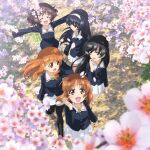  5girls akiyama_yukari artist_request black_hair blue_eyes blue_jacket brown_hair falling_petals flower girls_und_panzer green_shirt hairband highres isuzu_hana jacket long_sleeves looking_at_viewer looking_up multiple_girls nishizumi_miho official_art ooarai_military_uniform orange_eyes orange_hair outstretched_arms petals reizei_mako shirt skirt smile takebe_saori white_flower white_hairband white_skirt 