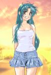  1girl arms_behind_back bare_shoulders blue_hair blue_shorts breasts brown_eyes camisole chidori_kaname cloud collarbone fang full_metal_panic! gradient_sky grin highres legs_apart long_hair medium_breasts mizumori_keiichi multicolored_sky outdoors pink_sky purple_sky road shorts sky smile solo standing teeth twilight white_camisole yellow_sky 