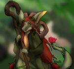  absurd_res anthro big_horn clothing dragon druid female flower forest hair hi_res horn long_ears long_hair magic_user munegia_(voirath) nature plant solo tree tribal_spellcaster trifeagon vines voirath 