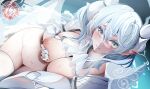  1girl blush breasts cleavage demon_girl demon_horns demon_wings duel_monster gloves grey_eyes highres horns komupi lady_labrynth_of_the_silver_castle large_breasts looking_at_viewer lovely_labrynth_of_the_silver_castle low_wings navel nipples nude pointy_ears second-party_source smile solo stomach twintails wet white_hair wings yu-gi-oh! 