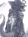  absurd_res anthro armor clothed clothing dragon ears_back fur furred_dragon futuristic glistening glistening_eyes gloves half-length_portrait handwear hi_res kutto kuttoyaki looking_at_viewer male monochrome mouth_closed pivoted_ears portrait pupils simple_background slit_pupils solo topwear 