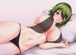  1girl ;o absurdres black_panties breasts commentary green_hair grey_background highres huge_breasts kazami_yuuka leo23 looking_at_viewer lying navel nipples on_bed on_side one_eye_closed open_mouth panties pillow red_eyes see-through short_hair simple_background solo touhou underwear variant_set 