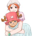  1boy 1girl antlers bad_id bad_twitter_id black_eyes brown_eyes clenched_teeth commentary_request cross eyelashes hat hug joman korean_commentary log_pose looking_at_viewer nami_(one_piece) one_piece orange_hair pink_shirt puffy_short_sleeves puffy_sleeves reindeer_antlers shirt short_hair short_sleeves simple_background single_sidelock sweatdrop teeth tony_tony_chopper white_background 