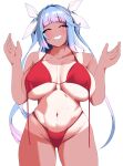  absurdres bikini blue_hair breasts grin hands_up hauto-san highres i-19_(kancolle) kantai_collection long_hair looking_at_viewer one-piece_tan red_bikini red_eyes smile star-shaped_pupils star_(symbol) swimsuit symbol-shaped_pupils tan tanlines tri_tails undone_bikini 