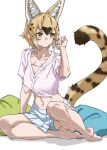  1girl animal_ears bare_legs barefoot blonde_hair blue_skirt brown_hair cat_ears cat_girl cat_tail commentary_request extra_ears hair_between_eyes highres kemono_friends midriff multicolored_hair navel pillow pleated_skirt polka_dot polka_dot_shirt serval_(ex4)_(kemono_friends) serval_print shirt short_sleeves sidelocks sitting skirt solo tail tanabe_(fueisei) white_shirt yellow_eyes 