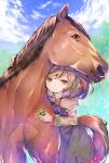  1girl 1other animal_ears brown_hair clover clover_(flower) creature_and_personification flower highres horse horse_ears horse_girl horse_tail plant tail umamusume 