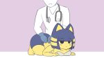  2023 5_fingers animal_crossing ankha_(animal_crossing) anthro big_breasts blush blush_lines bottomwear breasts butt clothing dangoheart domestic_cat felid feline felis female fingers fur gloves handwear hi_res human lying male mammal medical_instrument nintendo on_front scientific_instrument shorts stethoscope veterinarian yellow_body yellow_fur 