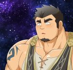  1boy bara blush crave_saga cross-laced_slit facial_hair goatee highres large_pectorals long_sideburns male_focus mature_male muscular muscular_male open_mouth parody_request pectoral_cleavage pectorals protagonist_(crave_saga) short_hair shoulder_tattoo sideburns sidepec sky solo star_(sky) starry_sky tattoo thick_eyebrows upper_body wide-eyed yugyouhijiri 