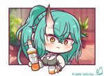  1girl absurdres arknights bangle bare_shoulders benizika blush bottle bracelet breasts brown_eyes chibi cleavage closed_mouth cup drink drinking_glass green_hair hair_between_eyes highres holding holding_bottle holding_cup horns hoshiguma_(arknights) jewelry large_breasts looking_at_viewer plant ponytail potted_plant signature single_horn solo twitter_username upper_body wide-eyed wooden_floor 