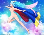  1girl above_clouds barefoot blue_cape blue_eyes blue_hair breasts cape censored closed_mouth cloud completely_nude cure_sky cut_bangs english_commentary from_side frown ginko_(silver_fox) gradient_hair hirogaru_sky!_precure jumping leg_up long_hair medium_breasts mixed-language_commentary multicolored_hair navel nipples nude outdoors pink_hair precure pussy red_cape single_sidelock sky solo sora_harewataru star_(sky) starry_sky two-sided_cape two-sided_fabric very_long_hair web_address wing_hair_ornament 