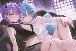  2girls blue_eyes blue_hair blue_nails blush bra breasts choker cleavage_cutout clothing_cutout crop_top demon_girl ear_piercing frills green_eyes hair_between_eyes hair_ornament hairclip hololive horns hoshimachi_suisei lace-trimmed_bra lace_trim looking_at_viewer medium_breasts multiple_girls navel off_shoulder piercing purple_hair sanada_keisui see-through short_hair skirt small_breasts smile star_(symbol) star_in_eye symbol_in_eye thighs tokoyami_towa underwear virtual_youtuber 