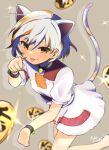  1girl :p animal_ears barefoot bell blurry blurry_background breasts cat_ears cat_tail depth_of_field goutokuji_mike hair_between_eyes highres jingle_bell neck_bell paw_pose small_breasts solo sparkle tail take_no_ko_(4919400) tongue tongue_out touhou white_hair 