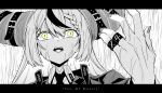  1girl belt braid braided_bangs commentary demon_girl demon_horns english_commentary english_text greyscale hand_up hololive horns jewelry la+_darknesss letterboxed looking_at_viewer monochrome multiple_belts multiple_rings open_mouth portrait rain ring sharp_teeth simple_background slit_pupils solo striped_horns taka_t teeth virtual_youtuber white_background yellow_eyes 